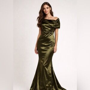 Chic One-Shoulder Satin Dress in Olive